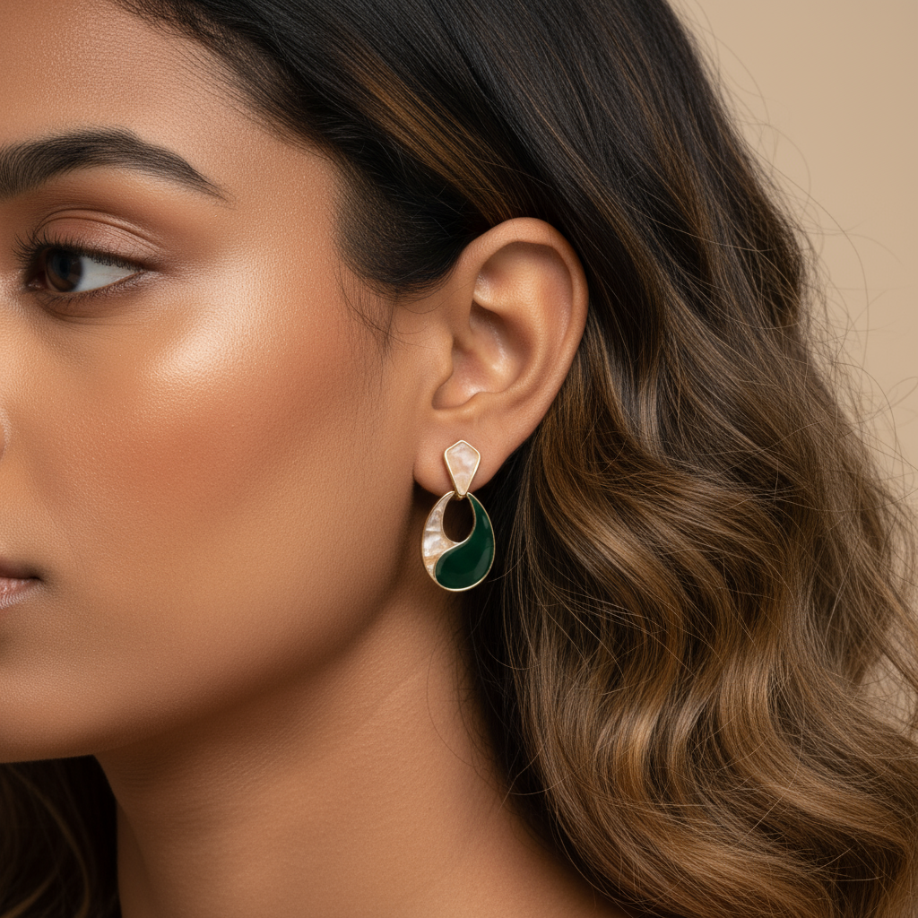 Dhara- Beige & Dark Green Resin Drop Earrings- Classy & Elegant