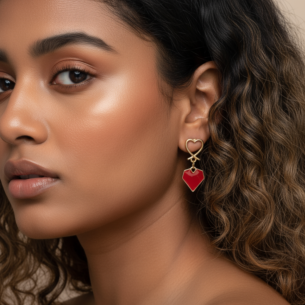 Karishma- Red Stone Heart-Shaped Drop Earrings - Modern & Cute