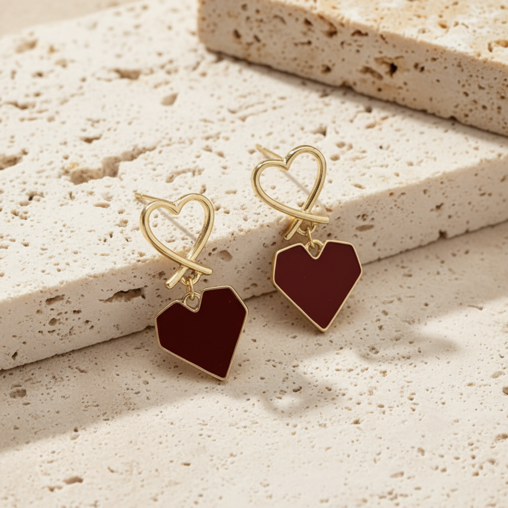 Karishma- Red Stone Heart-Shaped Drop Earrings - Modern & Cute
