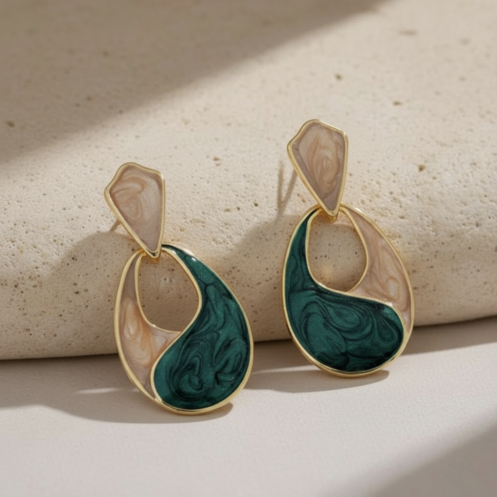 Dhara- Beige & Dark Green Resin Drop Earrings- Classy & Elegant
