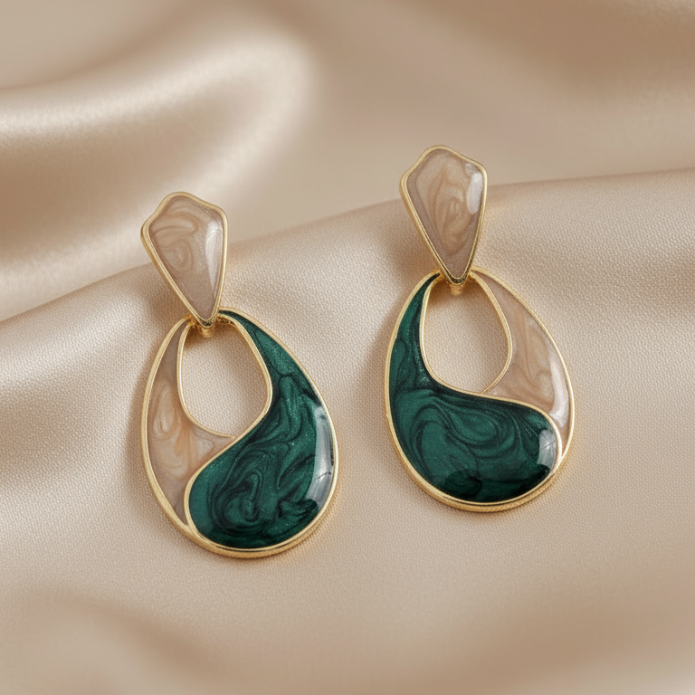 Dhara- Beige & Dark Green Resin Drop Earrings- Classy & Elegant